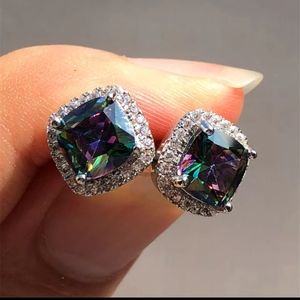 Silver Mystic Topaz and Diamond Halo Stud Earrings